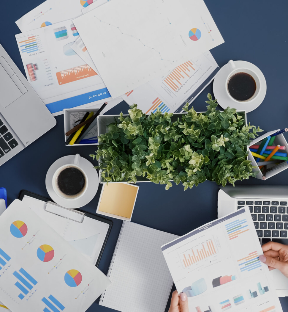 Top view of manager woman analyzing financial paperwork strategy typing expertise on laptop working in startup office. Businesswoman developing management accounting statistics braistorming ideas